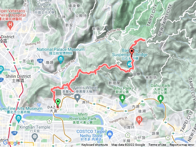 捷運大直站 - 文間山 - 忠勇山 - 白石湖 - 甜水鴛鴦湖 - 碧山