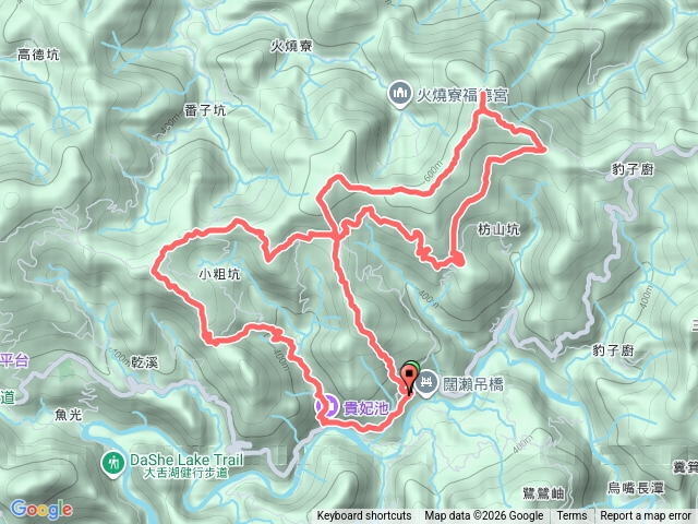 英速魔法學院→楣子寮尖→枋山坑崙→枋山坑古道→中坑頭鞍部→枋山坑山→番子坑越嶺古道→小粗坑山→小粗坑古道→貴妃池→英速魔法學院(健康GO)