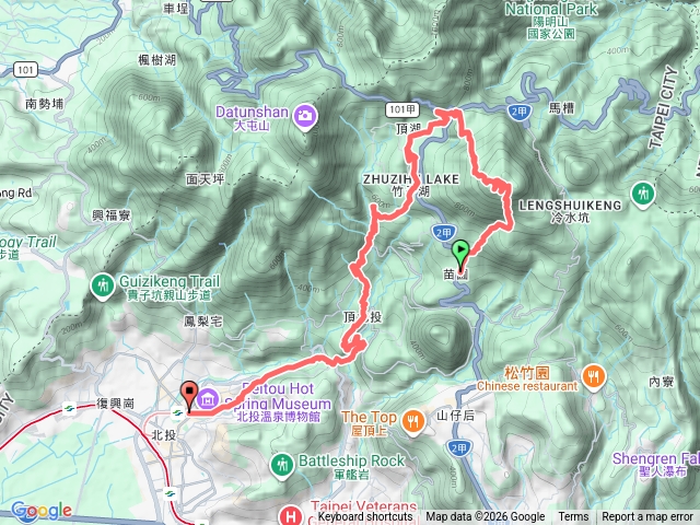 2026-0213 苗圃-凱達格蘭山-七星錐-七星山南峰-小油坑-竹子湖-水車寮步道-湖田猴崁步道-滾水頭-草山吊橋-十八份圳-新北投捷運站預覽圖