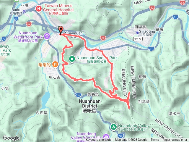暖暖火車站～暖壽山～暖東苗圃～頂寮山～碇内尖～龍門山～東勢坑產道～碇內街、源遠路～暖暖火車站。