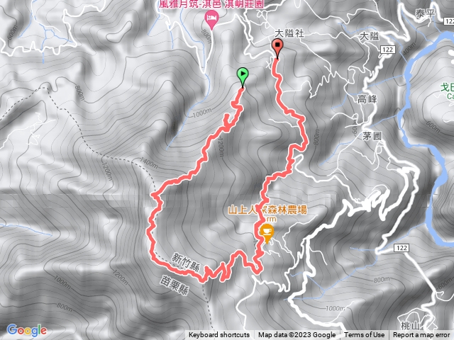 鵝公髻山第一登山口上，經鵝公髻山東北峰、鵝公髻山主峰、涼山、愛心瀑布與靜心瀑布：O型