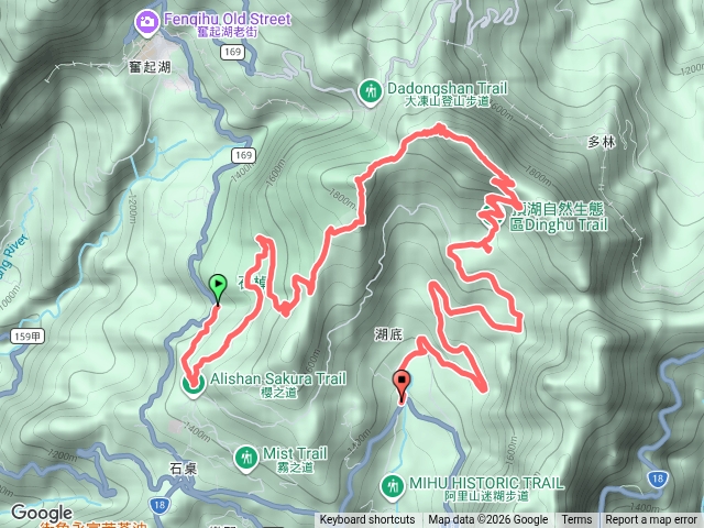 阿里山遊客中心7302公車>山羊路口站>焙籽桶林道>霹靂山>大凍山>林道出台18湖底站7322或7329回預覽圖