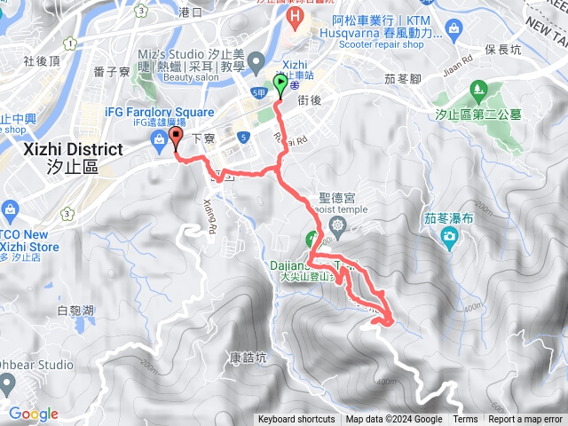 汐止車站、大尖山、天道清修院、康誥坑溪、汐科車站