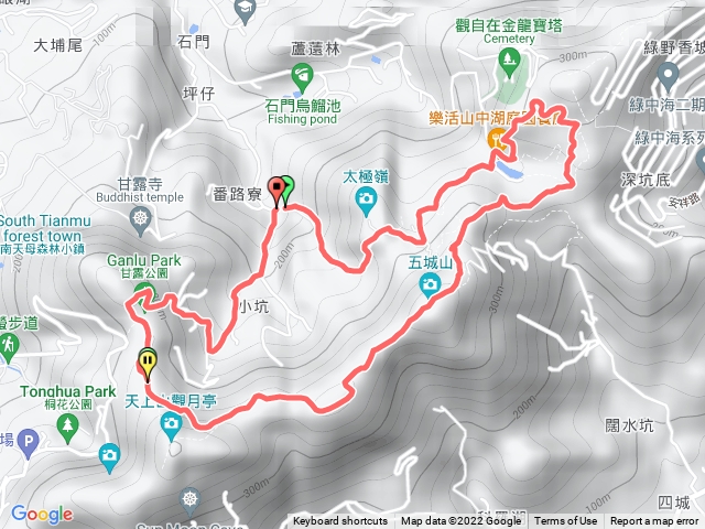 土城石門路70號步道入口0公里-山中湖1.4公里-天上山縱走-五城山2.0公里-天上山縱走-天上山鞍部1.6公里-甘露公園-產業道路回70號步道入口