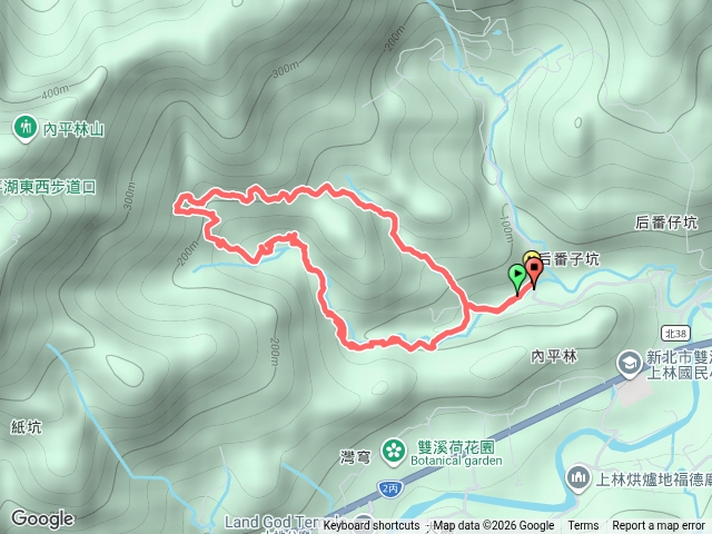 停車場-登山口-煤礦遺址-遺址-紅瓦厝遺址-后番仔坑山-土地公廟-登山口完登