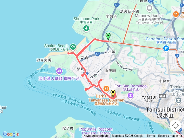 淡海輕軌海洋大學站.沙崙站.沙崙海灘.黃槿與林投密林.外城岸遺蹟.公司田溪口.淡水漁人碼頭站.白砲台