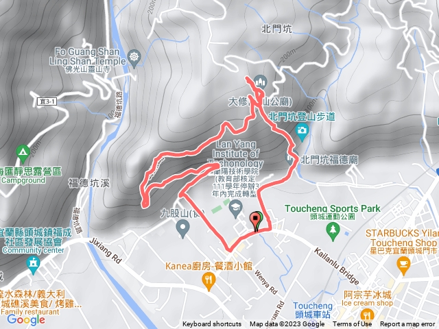 大修宮步道，北門坑福德廟，大修宮，頭圍山，觀海亭，仙泉水，蘭陽技術學院