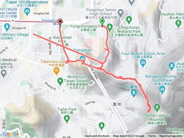 後花園象山➡逸賢亭➡忍字碑➡六巨石➡靈雲宮➡中強公園➡象山捷運2出口😃