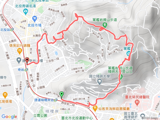 捷運唭哩岸站→陽明大學→軍艦岩→照明寺→丹鳳山→中和禪寺→捷運奇岩站