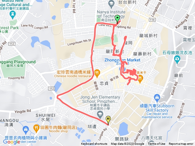 忠貞市場.龍平路.中正三路.雲南文化公園.遠雄龍岡大樓.忠貞路.中山路.忠貞新村文化園區.忠貞市場