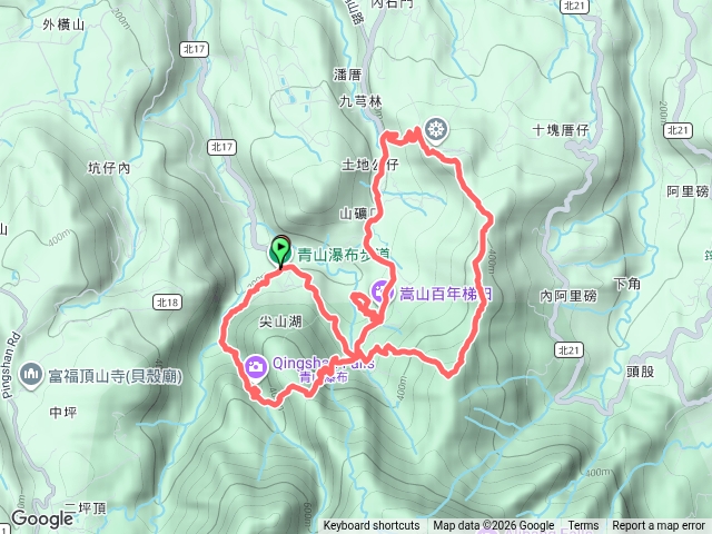 2026 08 26 石門區青山瀑布步道~青山瀑布~尖山湖步道~土地公嶺~九芎林山~九芎林山西北峰~北海道場~嵩山百年梯田O型