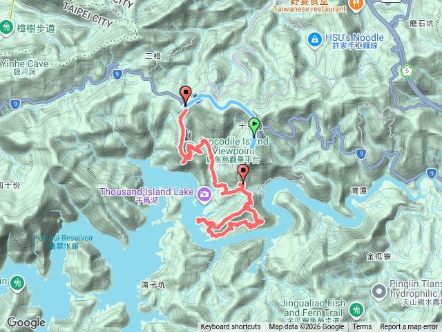 小格頭獅頭山、南峰～鱷魚島觀景台～八卦茶園～塗潭崙～媽祖林步道（水庫風光）～塗潭巷～千島湖觀景台；回程順登十三股山。 （新北石碇）