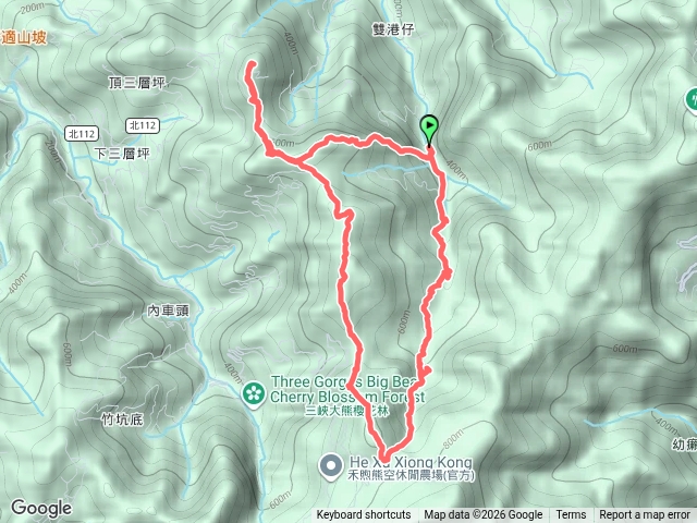 三峽建安郊山行程：雙港子山東,主,西峰、竹崙山、長城溪畔步道O型縱走。