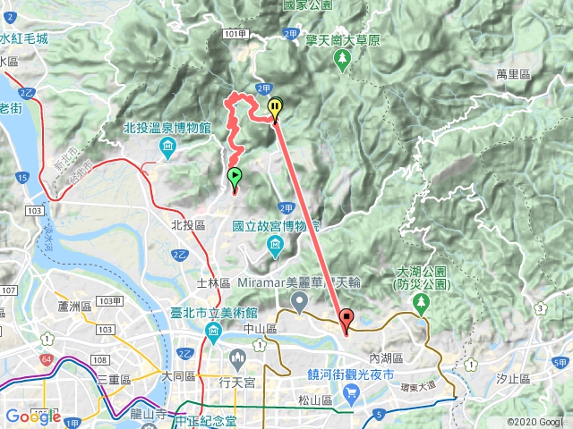 天母猴洞產業道路→半嶺水圳步道→第二展望臺→十八拐圳步道→陽明山公園→前山公園→陽明醫院舊址→內湖
