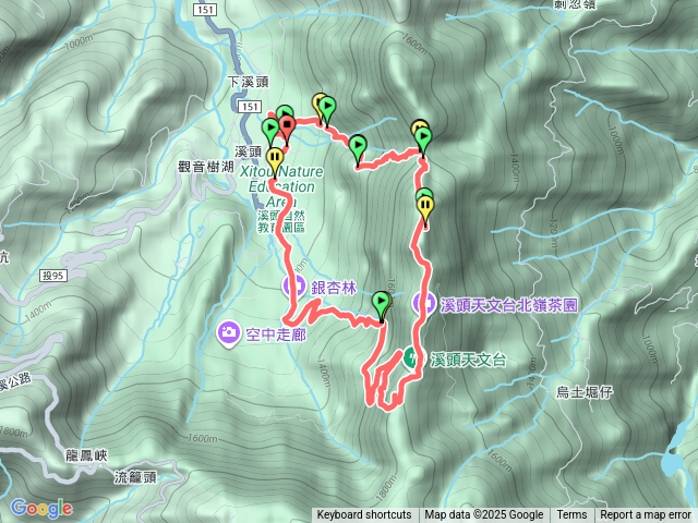 溪頭第一停車場到天文台o型路線預覽圖