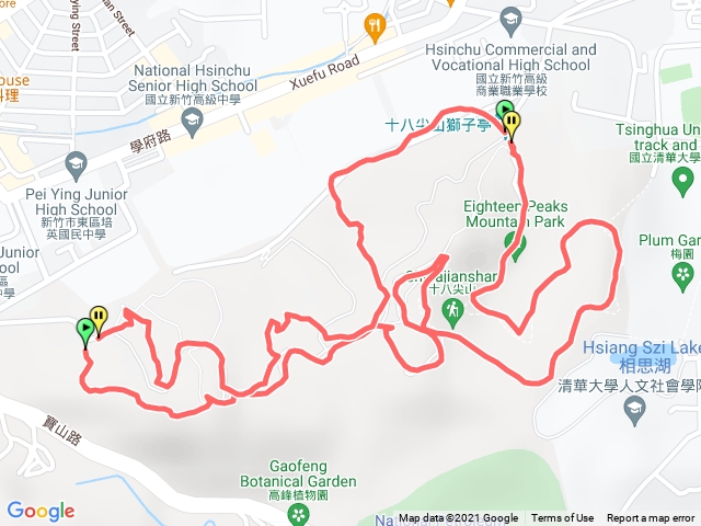 寶山停車場後原始山路->博愛街口->竹高步道->自由車場->桂花步道->培英國中步道->寶山停車場