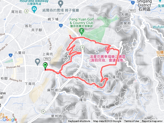 2023/08/06：豐原公老坪--中坑上，接北坑，旱溪源頭，高爾夫球場，蜈蚣崎步道上下1.38K，回到鎮清宮。預覽圖