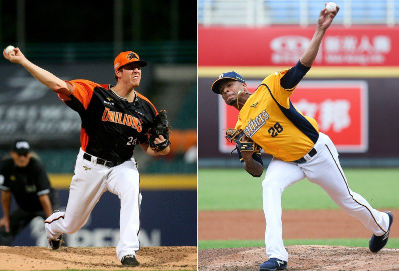 台灣大賽G3，統一獅先發投手泰迪(左)與中信兄弟先發投手米蘭達。報系資料照