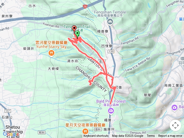 員林藤山停車場—土地公廟—樟普寮山—山中小徑（泡茶）-西施厝坪山-青宏農場（午餐-奉天宮-臥龍坡-藤山停車場（完登）