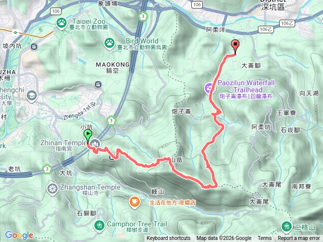 指南宮→猴山岳前峰→猴山岳→林家草厝→珍妮佛路→茶山古道→土路拉繩下切炮子崙瀑布→深坑老街預覽圖