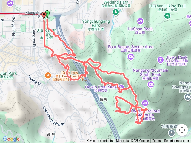 象山站-煙火平台-象山森林教室-信義慈惠堂-清靜山福德宮-不二法門-象山峰-慈鑾宮~和興炭坑-金興尖-忍字碑-艱難路線拇指山-象山站