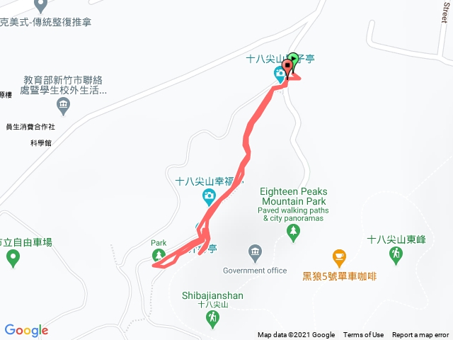 2021-03-01_5-十八尖山(十八尖山獅子亭-起登-原路來回)-標註停車處-三角點立於碉堡上方
