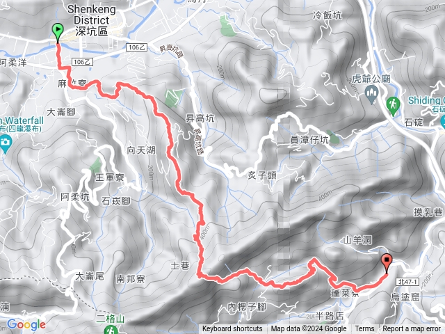 深坑＞向天湖古道＞麻竹寮山＞昇高坑山＞櫻花谷＞7號椿＞筆架山＞內楒子腳山＞苦路＞慈父亭＞公車烏塗窟站