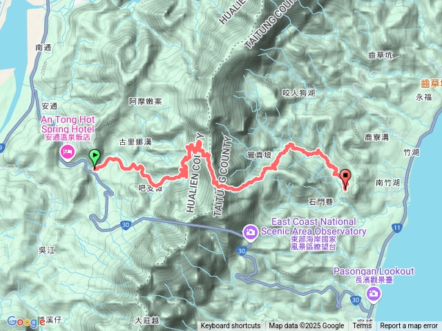 玉里祥富橋開始走-安通越嶺古道西段登山口-安通越嶺古道終點-安通越嶺古道東段登山口-安通越嶺古道東段終點-馬太安舊址-石門溪攔沙壩-產業道路