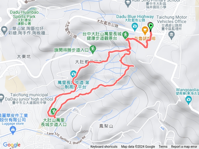 大肚萬里長城步道，藍色公路停車場，監理所登山口，長壽亭，休憩區，享壽亭，新興登山口，永壽亭