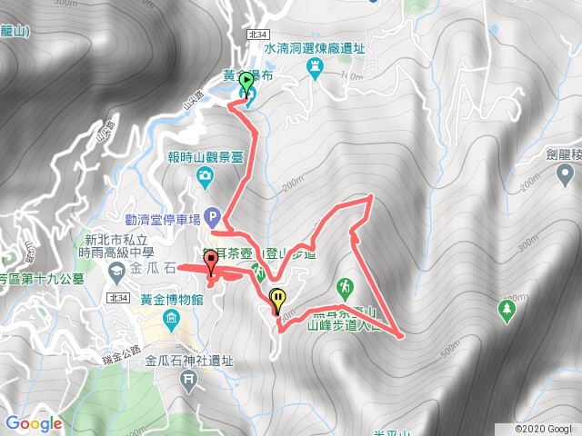 瑞芳黃金瀑布→無言山丘→六坑索道→山車間→煙囪嶺→哈巴狗岩→黃金眼→勸濟堂