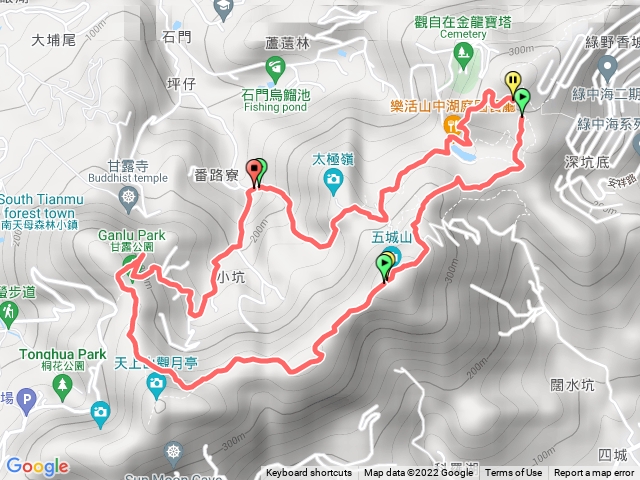 土城石門路70號步道入口-山中湖-天上山縱走-五城山-天上山縱走-經天上山鞍部-甘露公園-產業道路-回70號步道入口