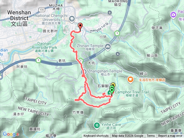 貓空樟樹步道(獅球山歇脚亭)→樟湖步道(聆風亭)→樟湖步道→樟山寺→飛龍步道→政大親山步道楓香步道→北政國中預覽圖