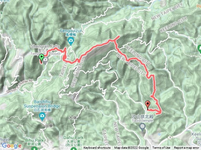 士林溪和宮→車登腳橋→登峰圳→至善路三段336巷→萬溪主線產業道路→雙溪溝前鋒(梅花山北峰)→雙溪溝古道→五指山→友蚋山→新山→十四坑山(金顏山)→汐止瑞士山莊→圍貓尖→刣狗寮山→汐止烘內四川橋