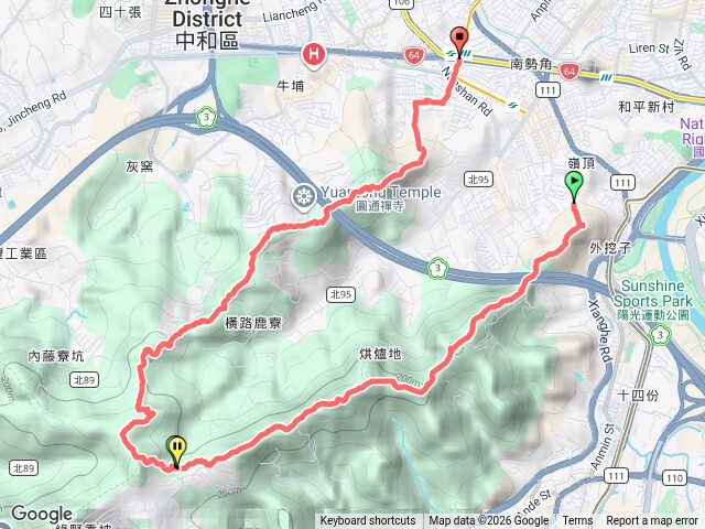 中和外挖子山～南勢角山～彩蝶社區～牛埔頭山～圓通寺～國旗嶺O型預覽圖
