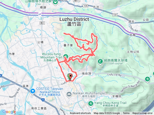 南天宮→自然野徑步道→五酒桶山→山鼻山觀景平臺→環山步道→穿山甲步道→獅子頭眺望臺→海山之路→知性步道→六福步道→南崁山→南天宮