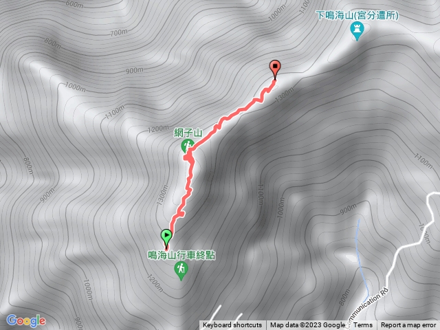 網子山登山口→網子山→網子山東北峰→鳴海下山→鳴海山→往回走到網子山午餐→一路下坡至石藥師遣址→五宮廟遣址→北真我山→真我山→南真我山→產業道路下坡