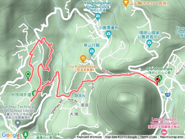 泉源國小宿舍-風尾步道-頂湖站-十八挖水圳步道（十八拐圳）-東昇步道-鼎筆橋-紗帽路-湖山國小步道-陽明山公車總站-陽明山小莊頭米粉湯