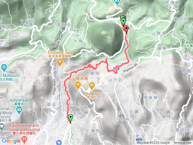 天母-猴洞-湖山-翠峰瀑布-天母古道-愛富三街-格致路-白雲瀑布-前山公園-陽明醫院舊址