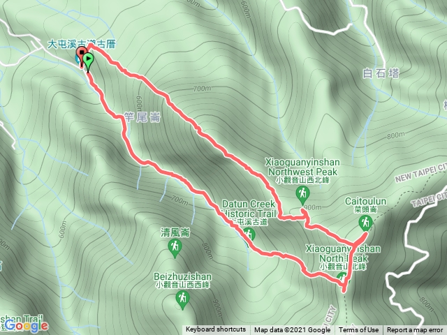 大屯溪古道、小觀音山北峯、小觀音山北北峯、菜頭崙、小觀音山西北峯、竿尾崙
