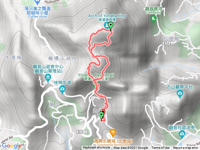 凌雲寺→硬漢嶺步道登山口→→雙亭→觀音山→358路1段→五八山繞腰路線→硬漢嶺步道→凌雲寺