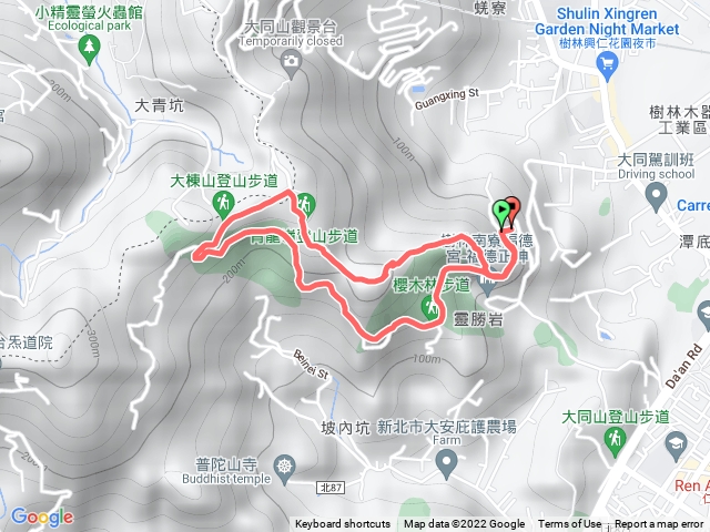 新樂園休閒餐廳-產業道路300m-大同山登山口-大同山土地公600m-青龍嶺600m-產業道路回餐廳2500