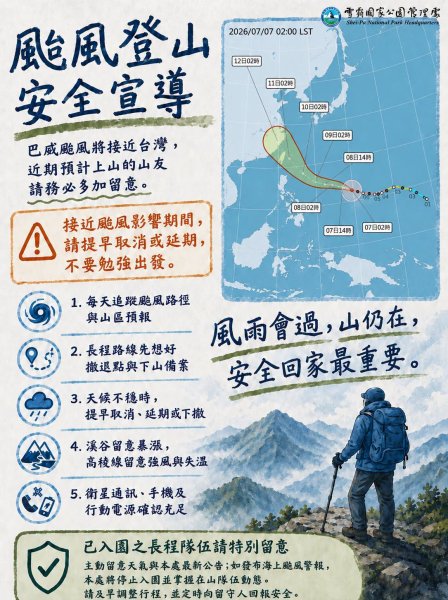 山友請留意！強颱巴威逼近台灣 雪管處發布颱風登山安全宣導