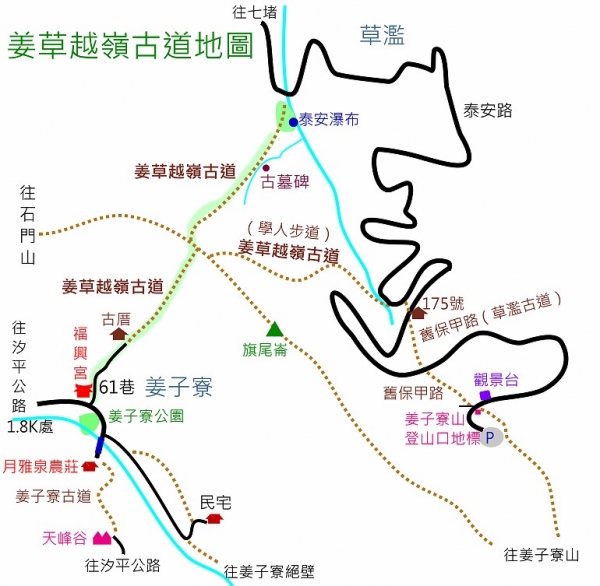 姜草越嶺古道(姜子寮、草濫越嶺、泰安瀑布)路線圖