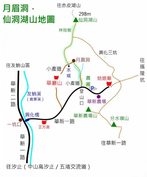 仙洞湖山、月眉洞步道路線圖