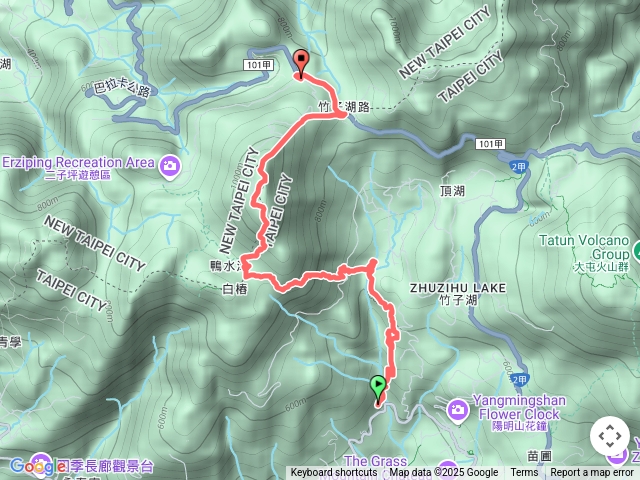 十八份水圳道>草山觀瀑吊橋>百年土地公>百年楓香樹>滾水頭>猴崁水圳道>青楓步道>鴨水澤舊山路>大屯山主峰>鞍部>二子坪