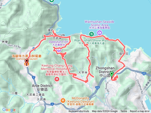 經國學院-內木山-海龜岩-中山峽谷-外木山國旗嶺-208基石-臥虎山-內木山-代天宮-大武崙山-情人塔-海興步道-大武崙沙灘-1815公車預覽圖