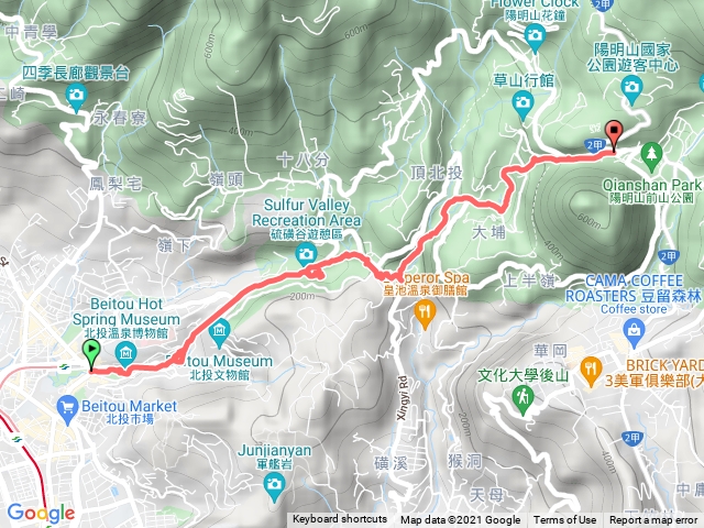 三谷縱走（地熱谷、硫磺谷、龍鳳谷）：北投公園出發走到陽明山總站(公車)