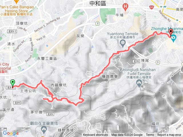 土城山系縱走，青雲上內冷水坑山、青龍嶺、清水大尖山、二尖山，新加坡山、牛埔頭山經圓通寺到南勢角