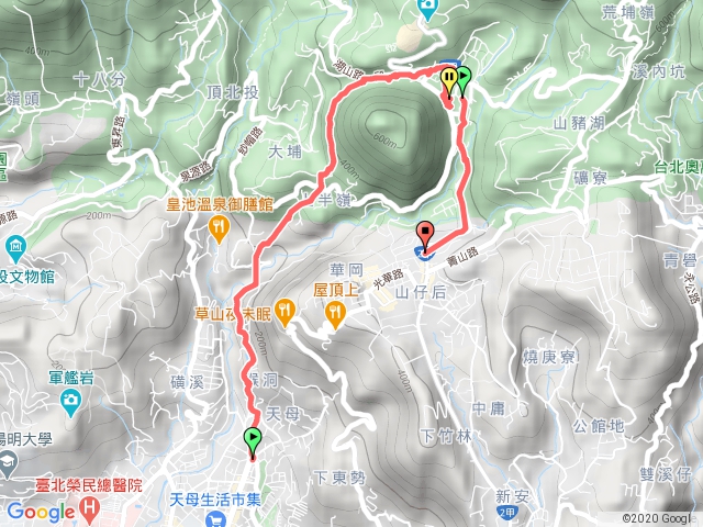 天母圖書館→猴洞產業道路→湖山→半嶺步道→橫嶺古道→前山公園→陽明醫院舊址→白雲瀑布