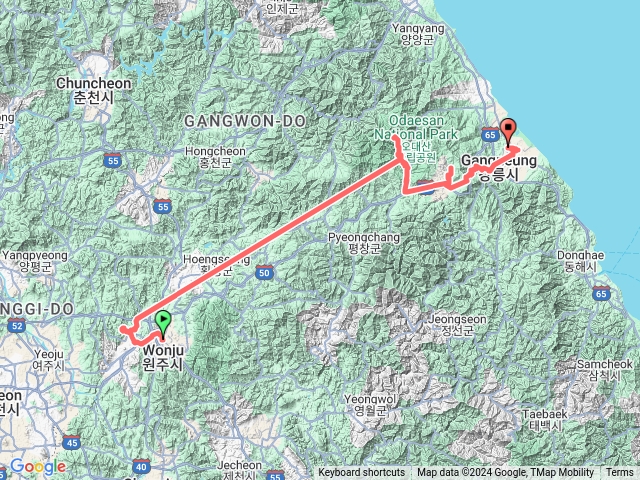 原州→江陵（小金山大峽谷、五台山）